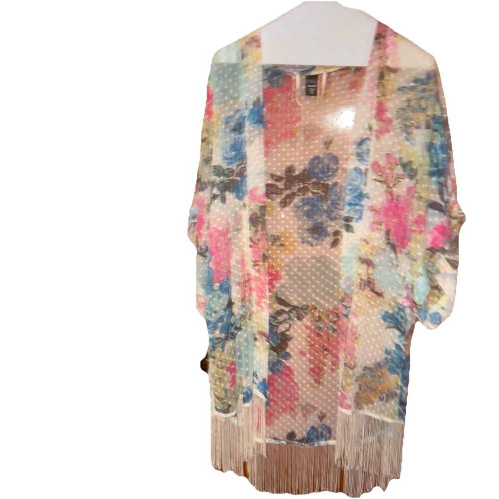 Womens Boho Kimono Off White Fringe One Size OS Lightweight Sheer Floral